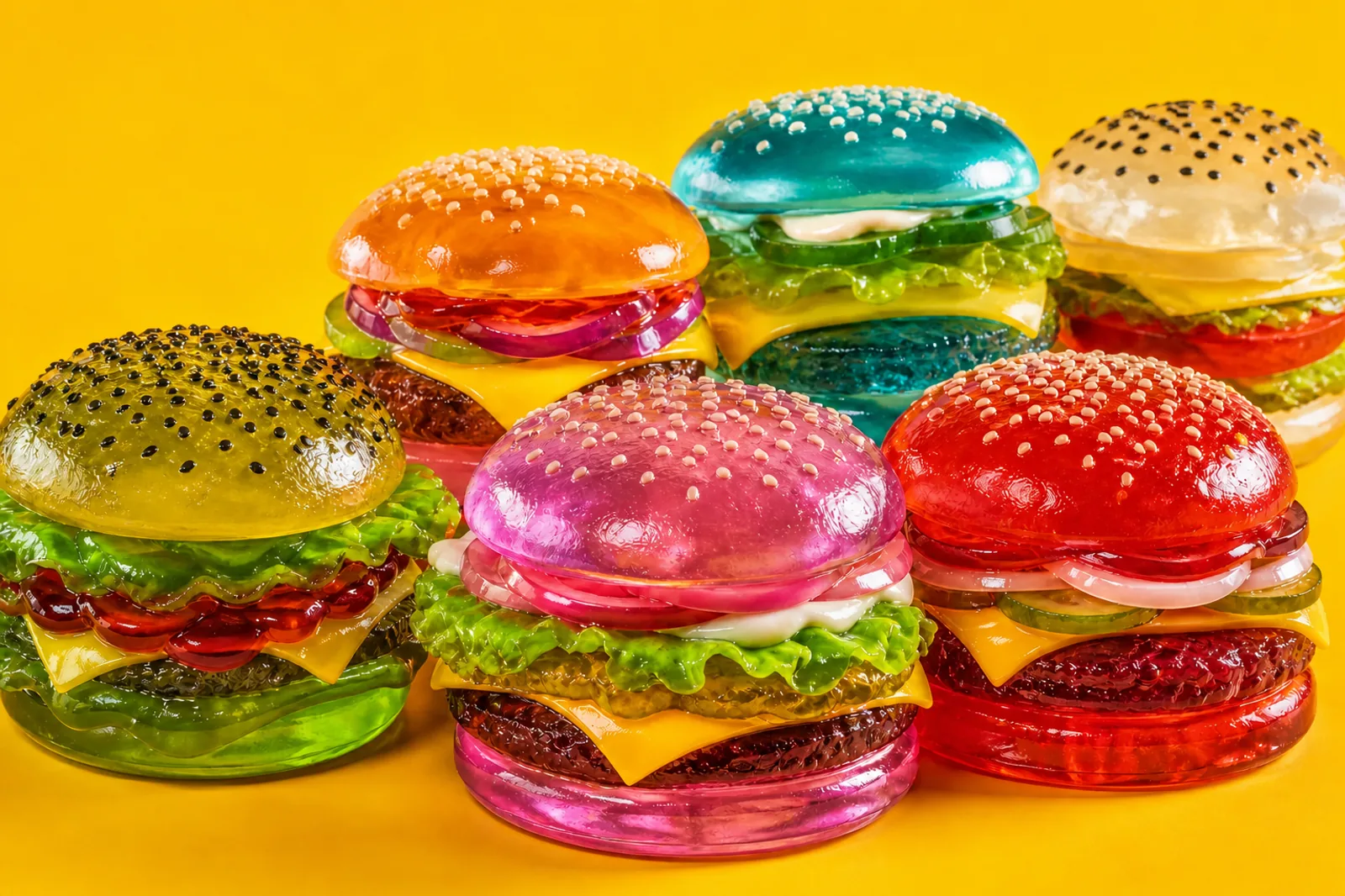 Six colorful translucent gelatin burgers grouped together