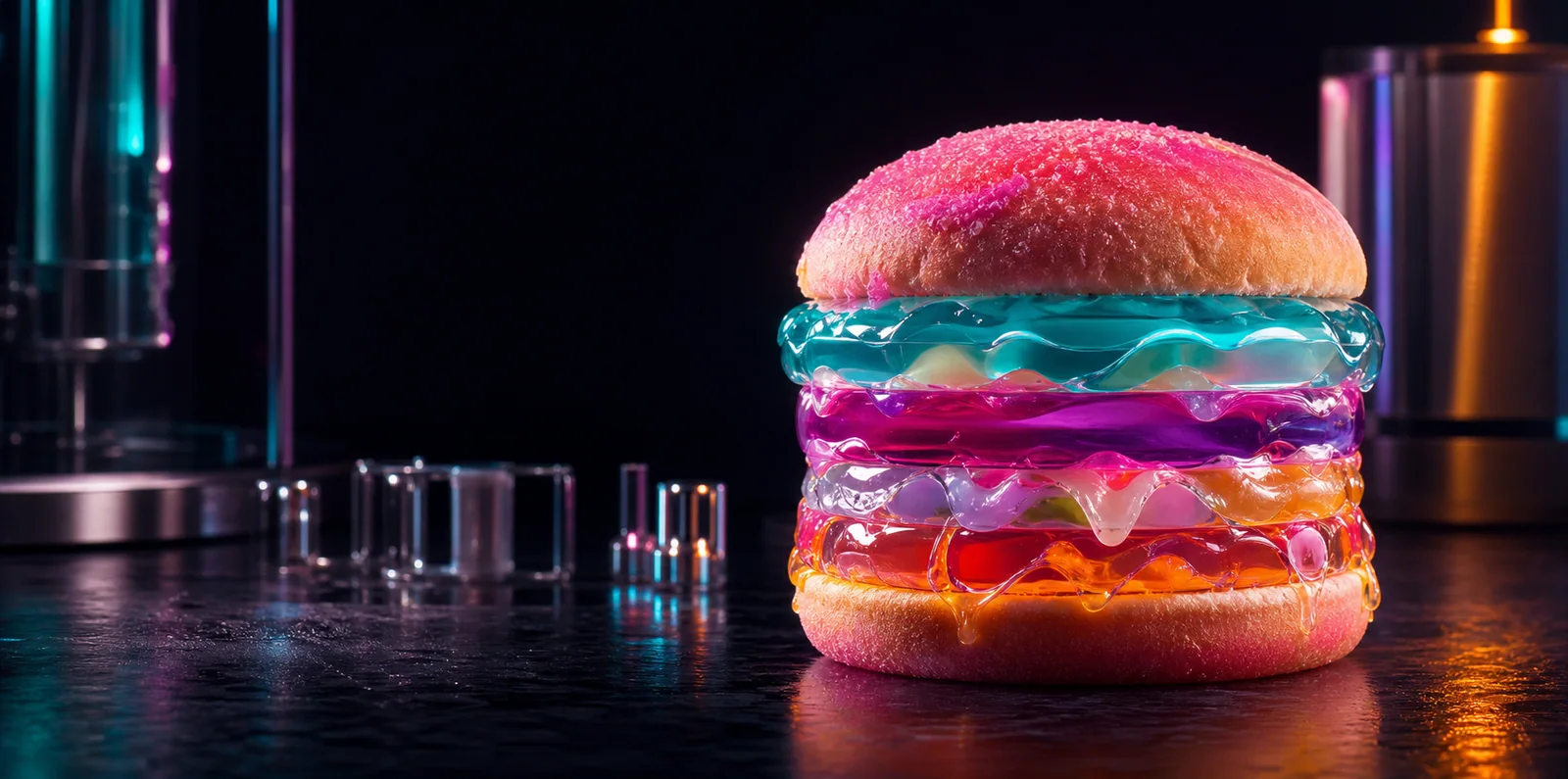 A brightly lit cyan, magenta and amber gelatin burger in a dark experimental kitchen