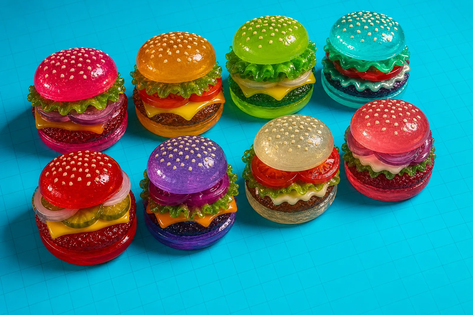 Eight colorful gelatin burgers arranged in rows on a cyan grid