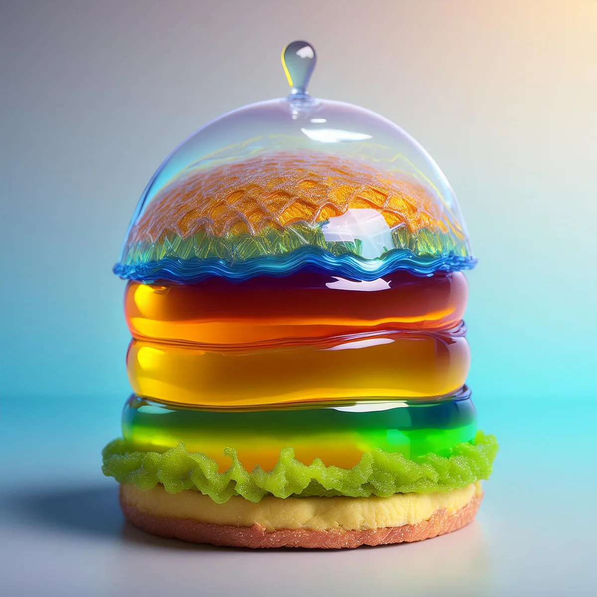 A pale translucent layered burger beneath a clear dome
