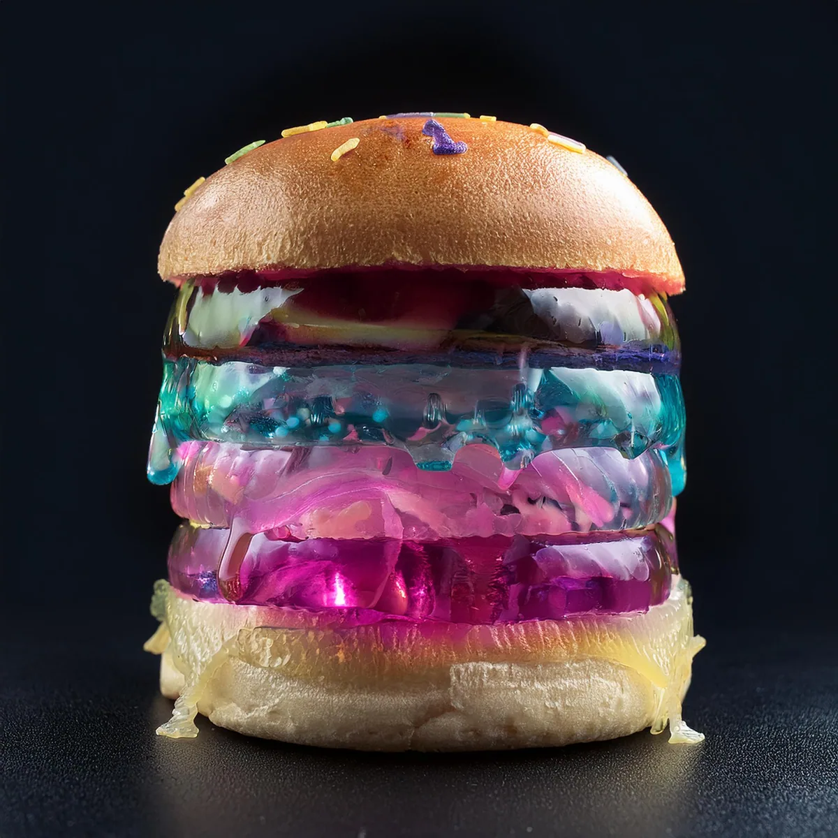 A stacked cyan and pink translucent burger
