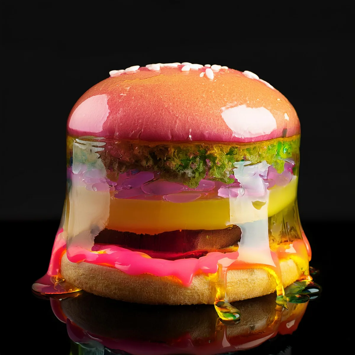 A rounded amber and pink encapsulated burger