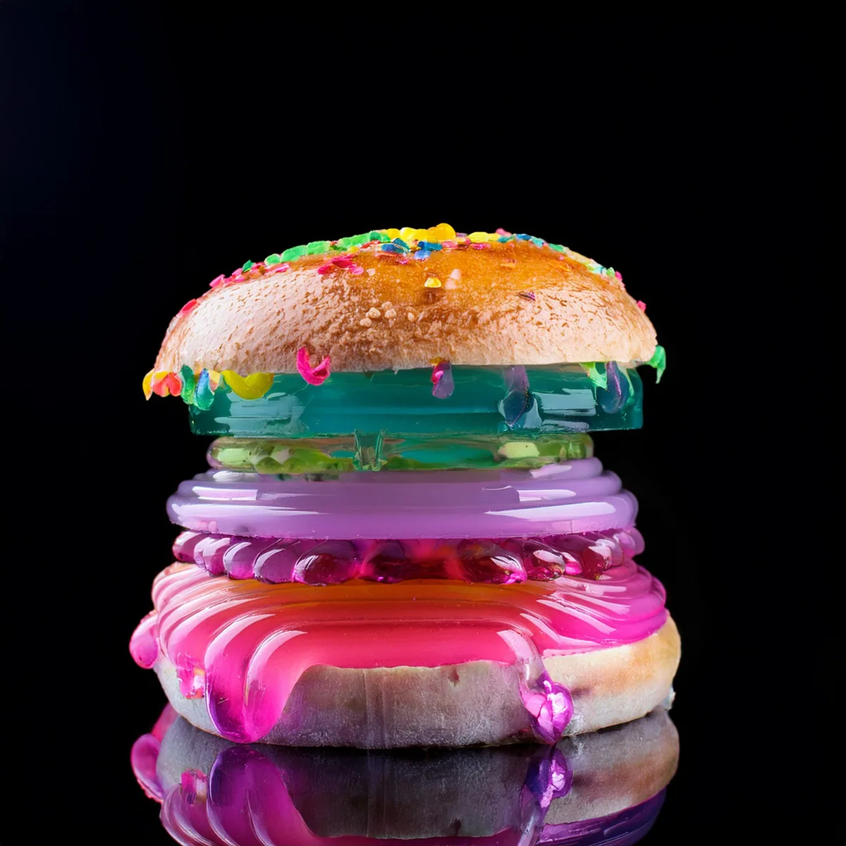 A teal, purple and pink multi-layer gelatin burger