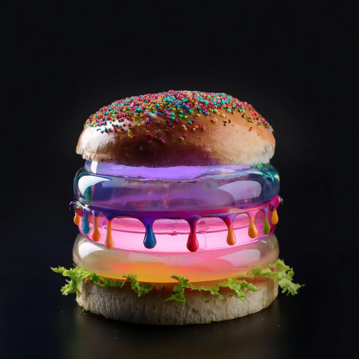 A dark burger with candy-colored seeds and translucent layers