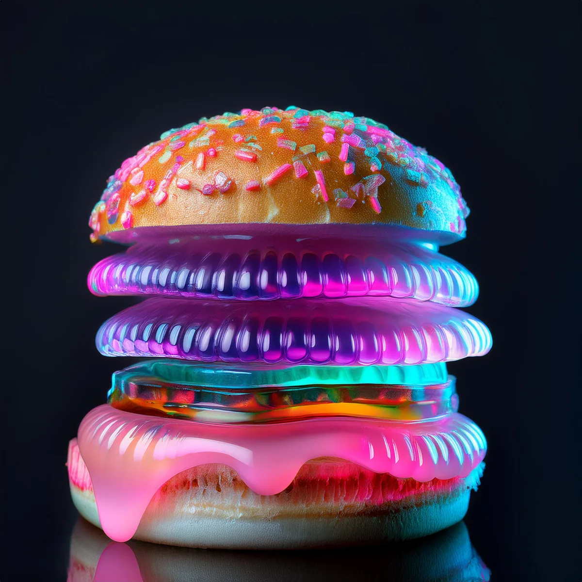 A neon pink and cyan gelatin burger on black