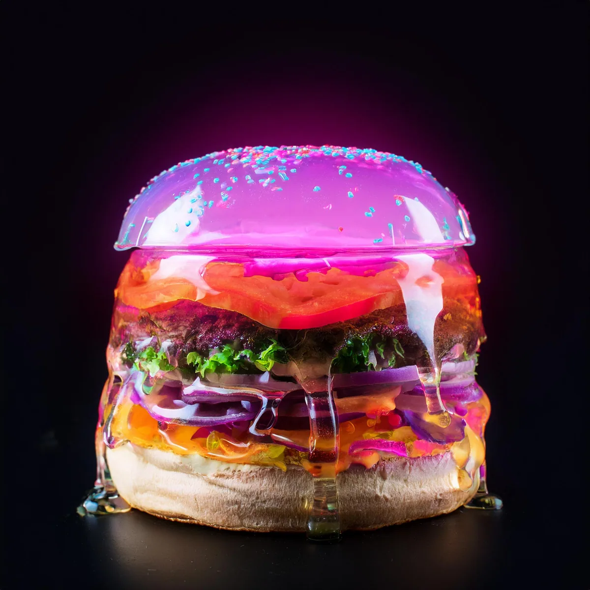 A very drippy clear burger with a pink gelatin top