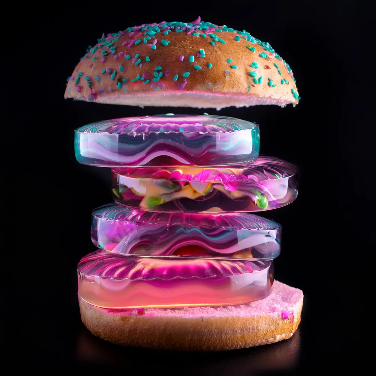An exploded burger with separated clear cyan and magenta layers